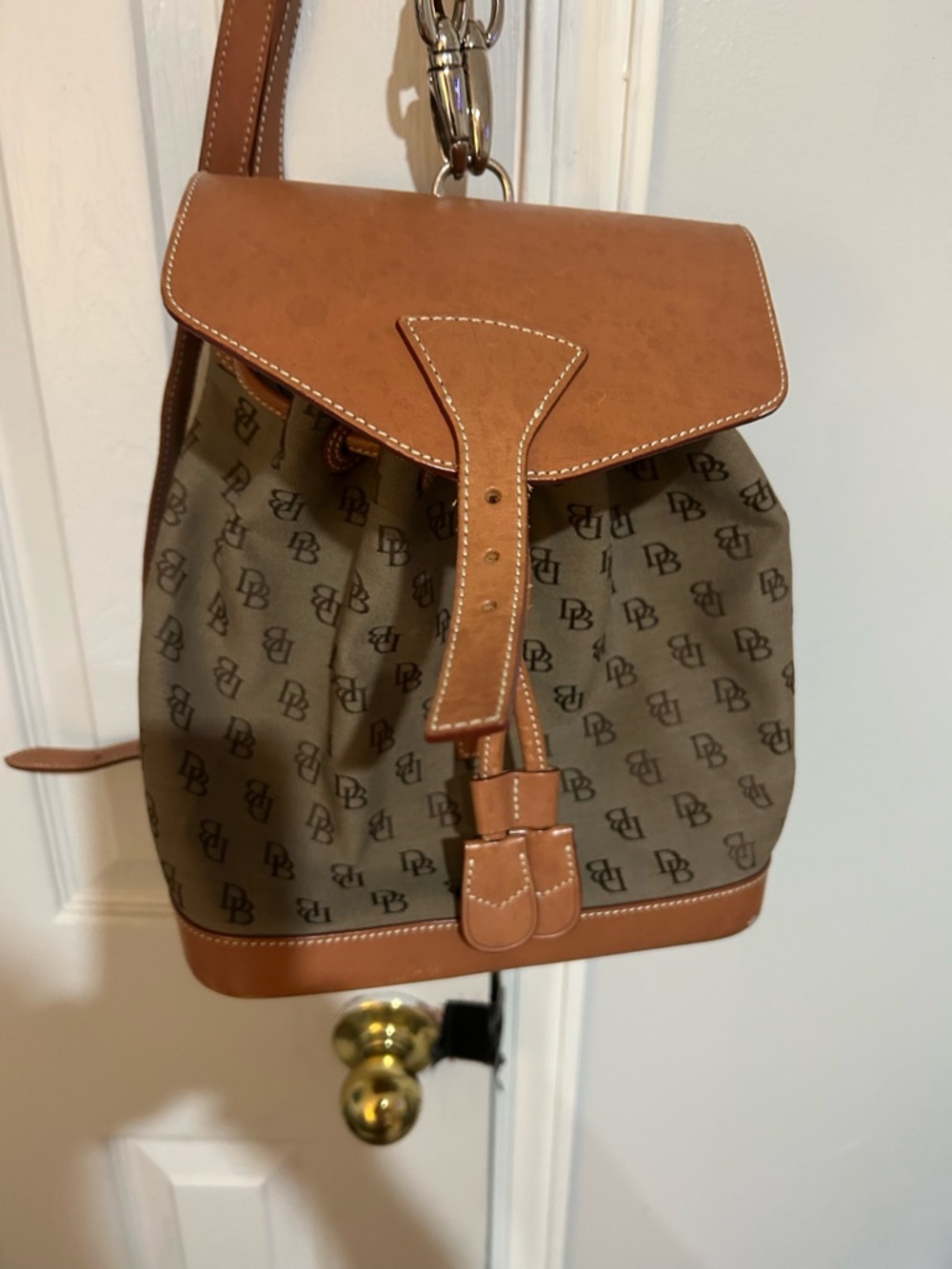 Dooney & Bourke Tan Leather and Olive Canvas Backpack - Picture 4 of 4